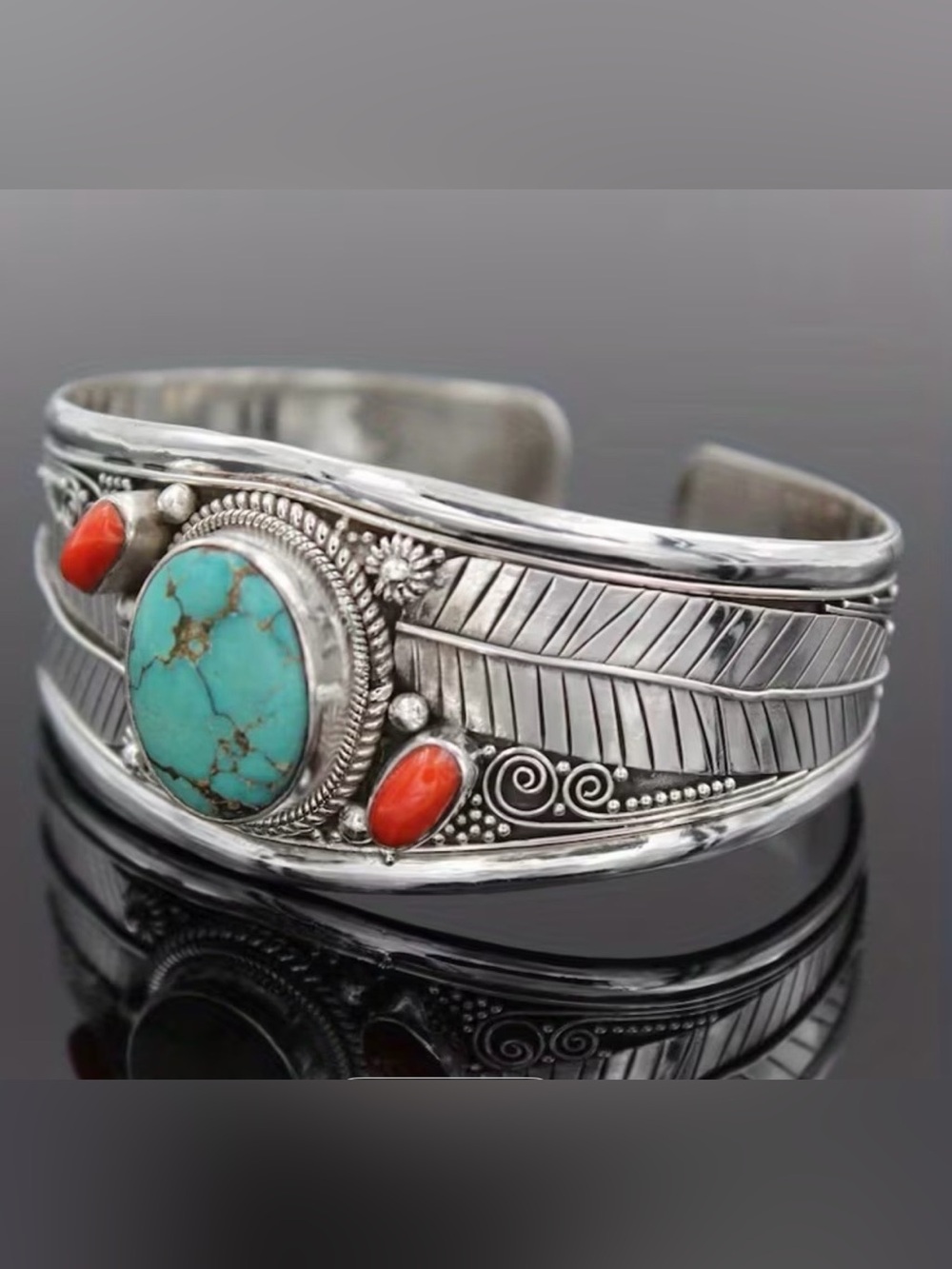 Silver tone Cuff Bangle Bracelet with Turquoise and Coral Accents - Picture 2 of 4